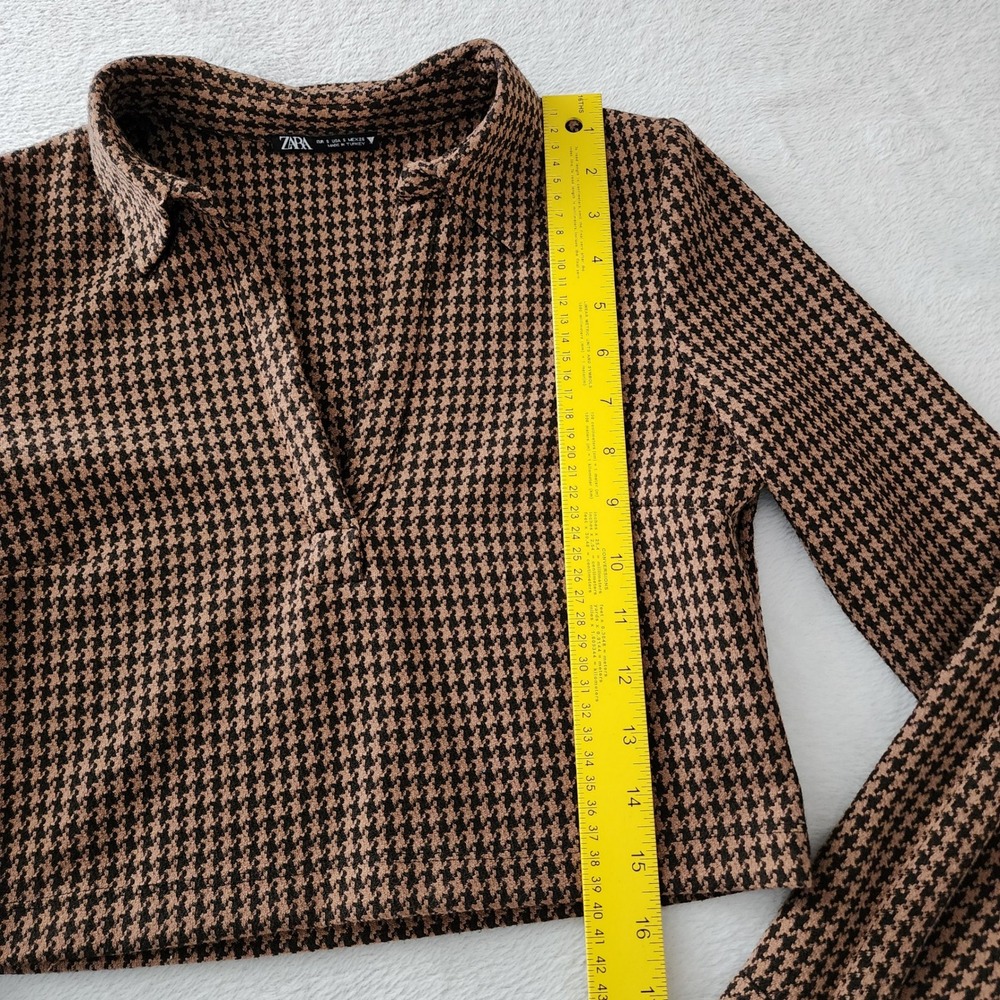 Zara Houndstooth Crop Top Womens Small Brown Black Collared Academia Preppy - Picture 7 of 12